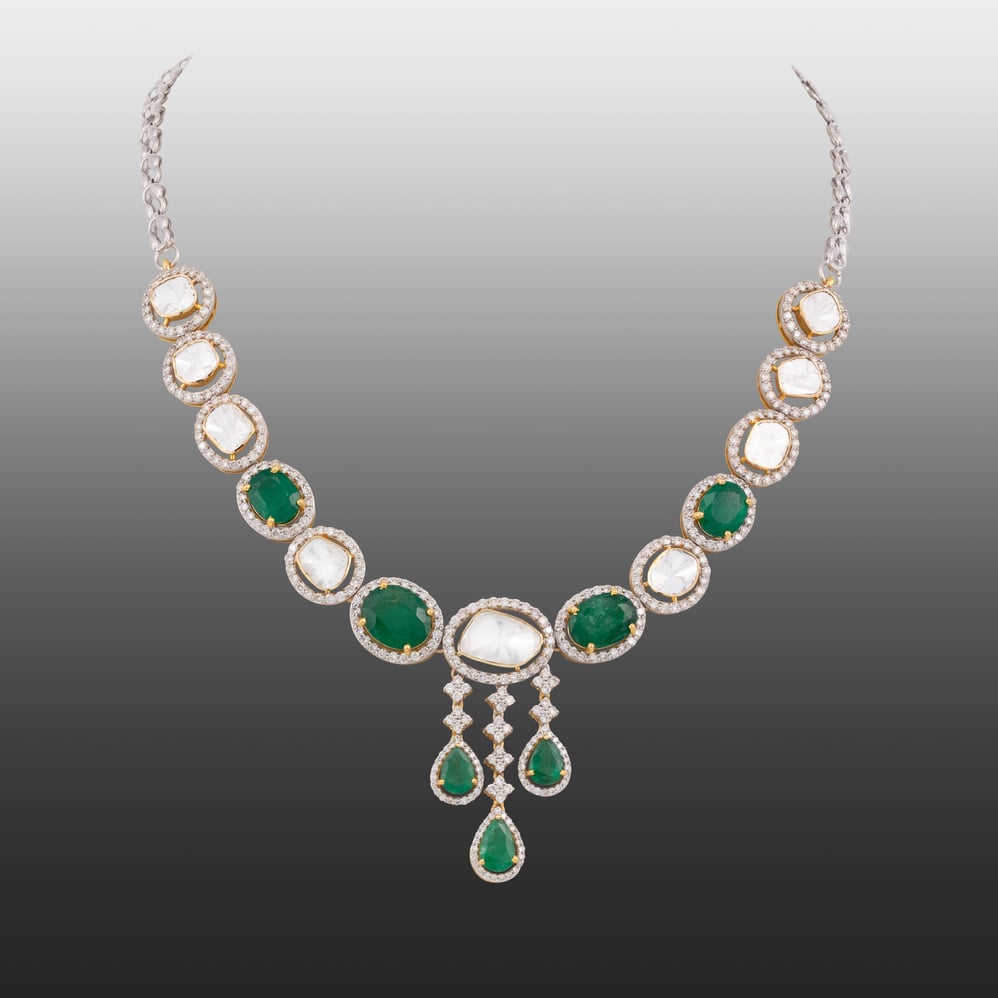 Polki and Zambian Emerald Necklace with Cascading Drops